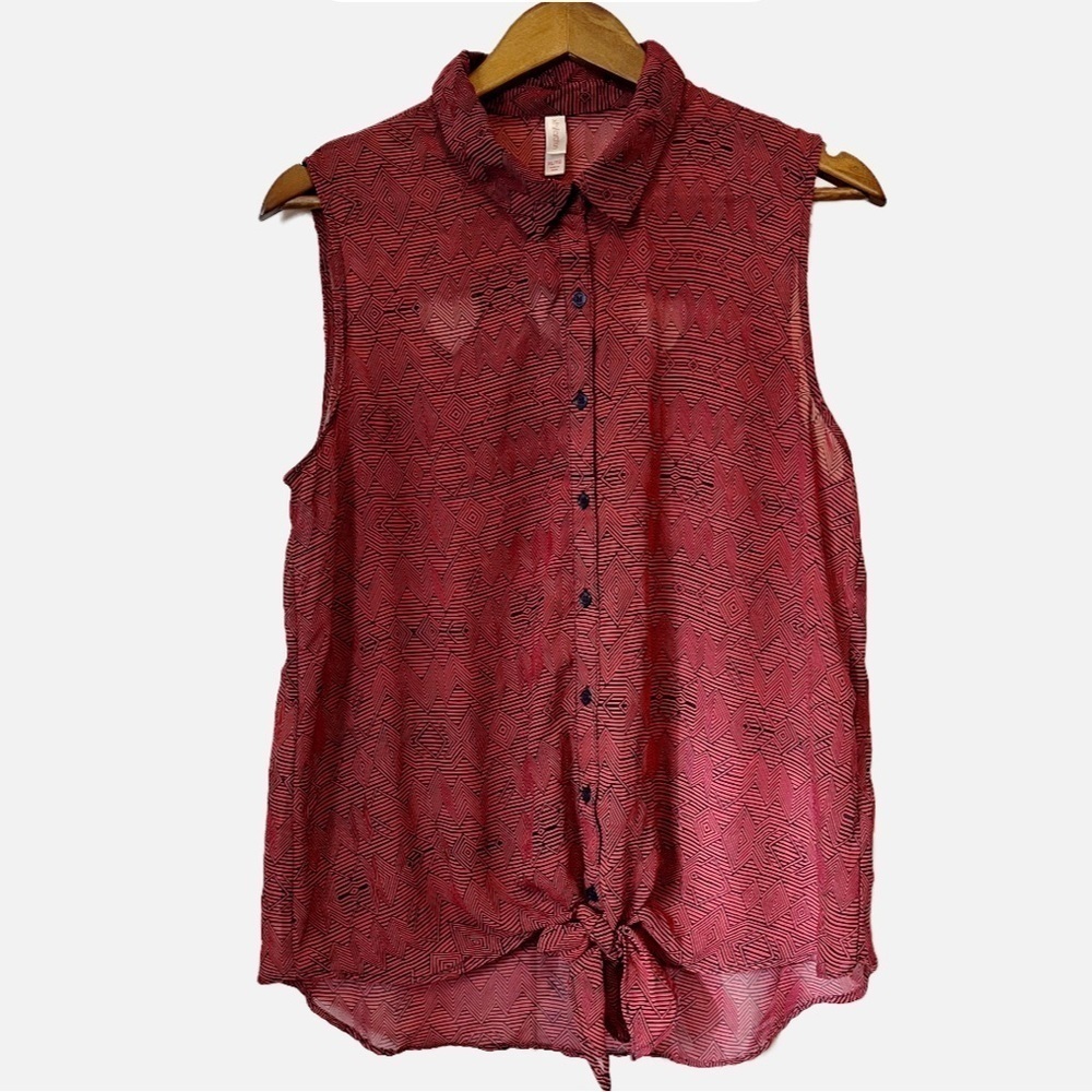Xhilaration Red and Black Sheer Cut out Sleeveless Button Down Top. Size XL.